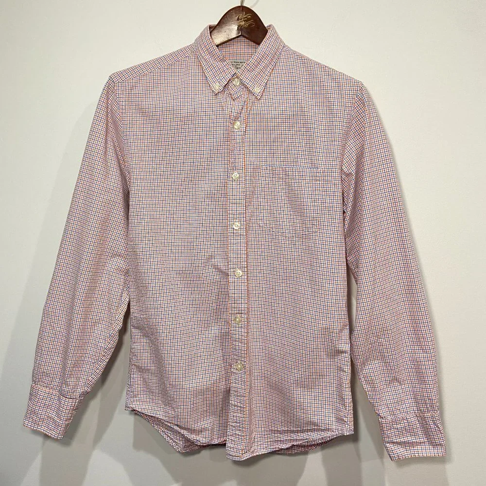 J. Crew Men's Blue, White & Orange Gingham Print Button Down Shirt Size Small